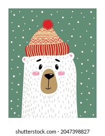 Cute bear in red winter hat around snowflakes. Cute vector card design for inter holidays