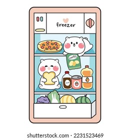 Cute bear in refrigerator with food and beverage cartoon.Animal character design.Pizza,fruit,vegetable,drink hand drawn.Teddy.Freezer.Isolated.Kawaii.Vetor.Illustration.