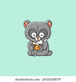 Cute bear relax with a cup of coffee cartoon animal character mascot icon flat style illustration concept set