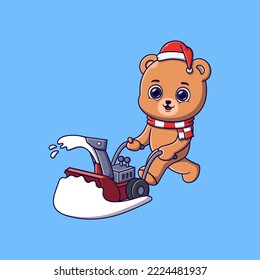 cute bear removing snow with snow blower