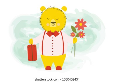 cute bear returned from a trip with a baggage suitcase and flowers - vector cartoon illustration, character design
