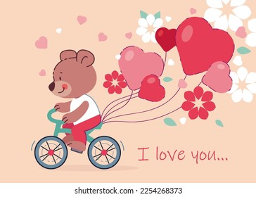 Cute bear ride bicycle with ballons, hearts and flowers. flowers. Greeting card for Valentine's Day, Women's Day, March 8, wedding, birthday. Vector design concept for poster, banner, decoration.