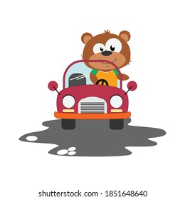 cute bear ride a car, simple vector illustration