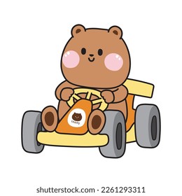 Cute bear ride gokart car cartoon on white background.Wild animal character design.Race.Teddy hand drawn.Kawaii.Vector.Illustration.
