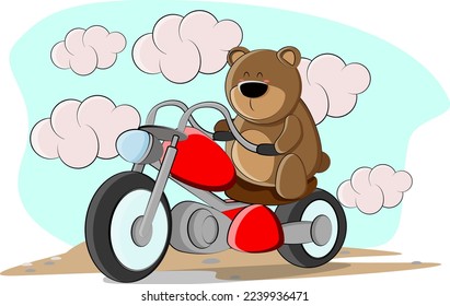 A cute bear rides a big red motorcycle on the road