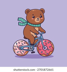 Lindo oso montando bicicleta con ruedas de donut con bufanda verde Ilustración vectorial de estilo de dibujos animados caprichoso