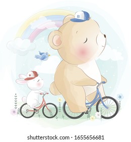 Cute bear riding a bicycle with little bunny