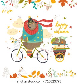 Cute bear riding a bicycle with sleeping cub