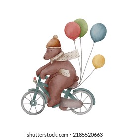 cute bear riding bike and balloons watercolor illustration for kids and baby background