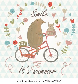 Cute bear riding a bike with a cat and flowers in cartoon style. Summer background. Smile, it's summer printable.