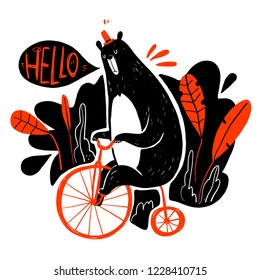 Cute bear riding a bike, Collection of hand drawn. Vector illustration in sketch doodle style.