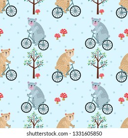 Cute bear riding bike in forest seamless pattern.