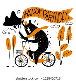 Cute Bear Riding A Bike, Holding A Flag With The Letters, Happy Birthday. Collection Of Hand Drawn. Vector Illustration In Sketch Doodle Style.