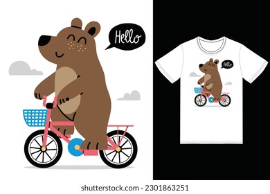 Cute bear riding bike illustration with tshirt design premium vector the Concept of Isolated Technology. Flat Cartoon Style Suitable for Landing Web Pages,T shirt, Flyers, Stickers