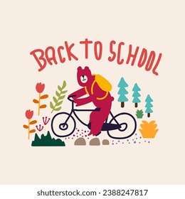 Cute bear riding a bike to school, hand drawn illustration for for fabric, textile and print