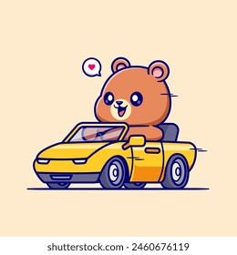 Ilustración del icono del Vector de dibujos animados del coche del oso lindo. Icono de Transporte animal Concepto de Vector Premium aislado. Estilo plano de dibujos animados