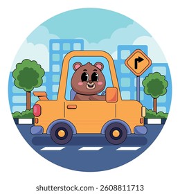 Cute bear riding car in city cartoon