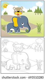 Cute bear riding elephant in forest, smiling sun behind clouds, vector cartoon illustration, coloring book or page