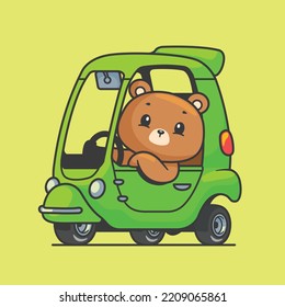 Cute bear riding green tuk tuk illustration cartoon icon