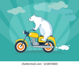 Cute bear riding a motorcycle. Circus concept. Cartoon animal illustration. Traveling vector design. Can be used for t-shirt print, kids wear fashion design, invitation cards, postcards. 