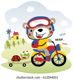 Cute bear riding motorcycle pulling turtle with skateboard on rural scenery background, vector cartoon illustration