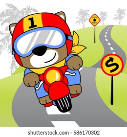 Cute bear riding a motorcycle in the road, vector cartoon illustration