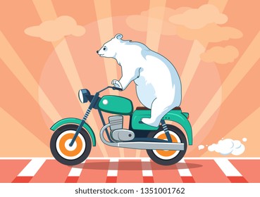 Cute bear riding a motorcycle.Road concept.Cartoon animal illustration with orange background.Traveling vector design.Can be used for t-shirt print, kids wear, web design, invitation cards, postcard