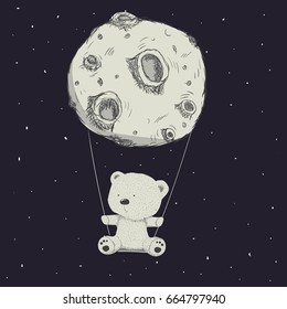 Cute bear riding on a swing tied to the moon.The design of the character.Baby vector illustration