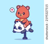 Cute Bear Riding Panda Toy Cartoon Vector Icon Illustration. Animal Nature Icon Concept Isolated Premium Vector. Flat Cartoon Style