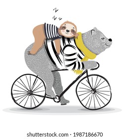 Cute bear riding racing bike and sloth sleeping on his back. Cute graphics for kids.Cartoon character for children. Prints, greeting cards, textile artworks. Fun zoo characters vector illustration. 