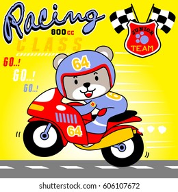 Cute bear riding racing bike, vector cartoon illustration