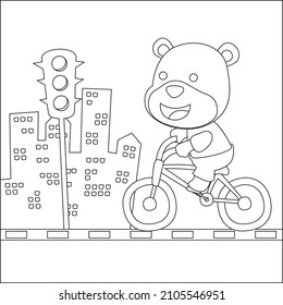 Oso lindo montando una bicicleta roja. Gráfica infantil de moda con diseño de líneas de arte de dibujo de mano Ilustración Vector para libro de colorear adulto y niño.