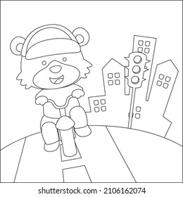 Cute bear riding a red bicycle. Trendy children graphic with Line Art Design Hand Drawing Sketch Vector illustration For Adult And Kids Coloring Book.