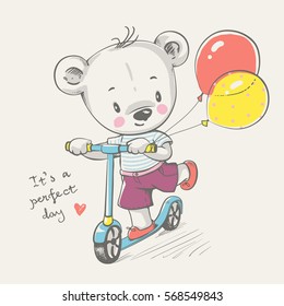 Cute bear riding a scooter cartoon hand drawn vector illustration. Can be used for t-shirt print, kids wear fashion design, baby shower invitation card.