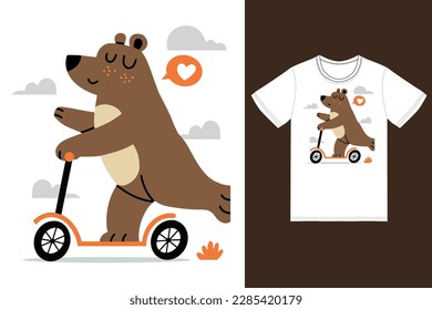 Cute bear riding scooter illustration with tshirt design premium vector the Concept of Isolated Technology. Flat Cartoon Style Suitable for Landing Web Pages,T shirt, Flyers, Stickers