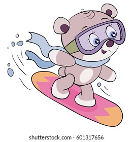 A cute bear is riding a snowboard. vector