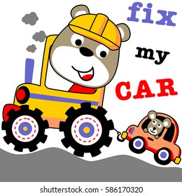 Cute bear riding tractor pulling little car with mouse, vector cartoon illustration