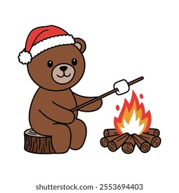 Cute Bear Roasting Marshmallow by Campfire Illustration