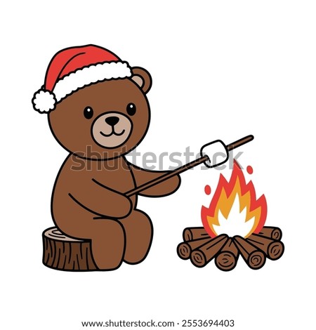 Cute Bear Roasting Marshmallow by Campfire Illustration