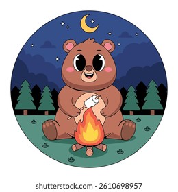 Cute bear roasting marshmallow illustration