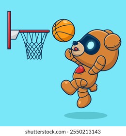 Cute bear robot in basketball game. Cartoon vector icon illustration