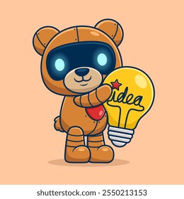 Cute bear robot embraces a big lightbulb. Cartoon vector icon illustration	