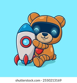 Cute bear robot embraces rocket. Cartoon vector icon illustration