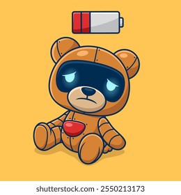 Lindo oso robot sintiéndose cansado con indicador de batería baja. Ilustración de icono de Vector de dibujos animados	