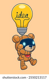 Cute bear robot floating with big lightbulb. Cartoon vector icon illustration	