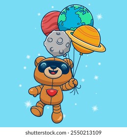 Cute bear robot floating with planets balloon. Cartoon vector icon illustration