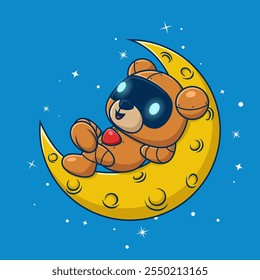 Cute bear robot laying down on crescent moon. Cartoon vector icon illustration	