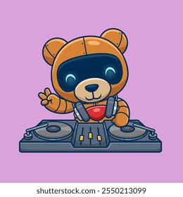 Robô urso bonito tocando música eletrônica DJ com fone de ouvido. Ilustração de ícone de vetor de desenhos animados