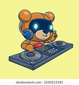 Robô urso bonito tocando música eletrônica DJ com fone de ouvido. Ilustração de ícone de vetor de desenhos animados