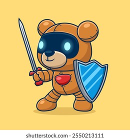 Robô urso bonito com escudo e espada. Ilustração de ícone de vetor de desenhos animados